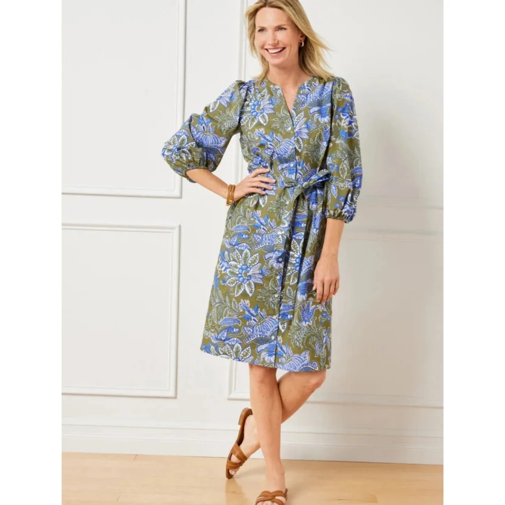 Talbots Petite 14P Floral Poplin Shirtdress Tie Waist Cotton Pockets